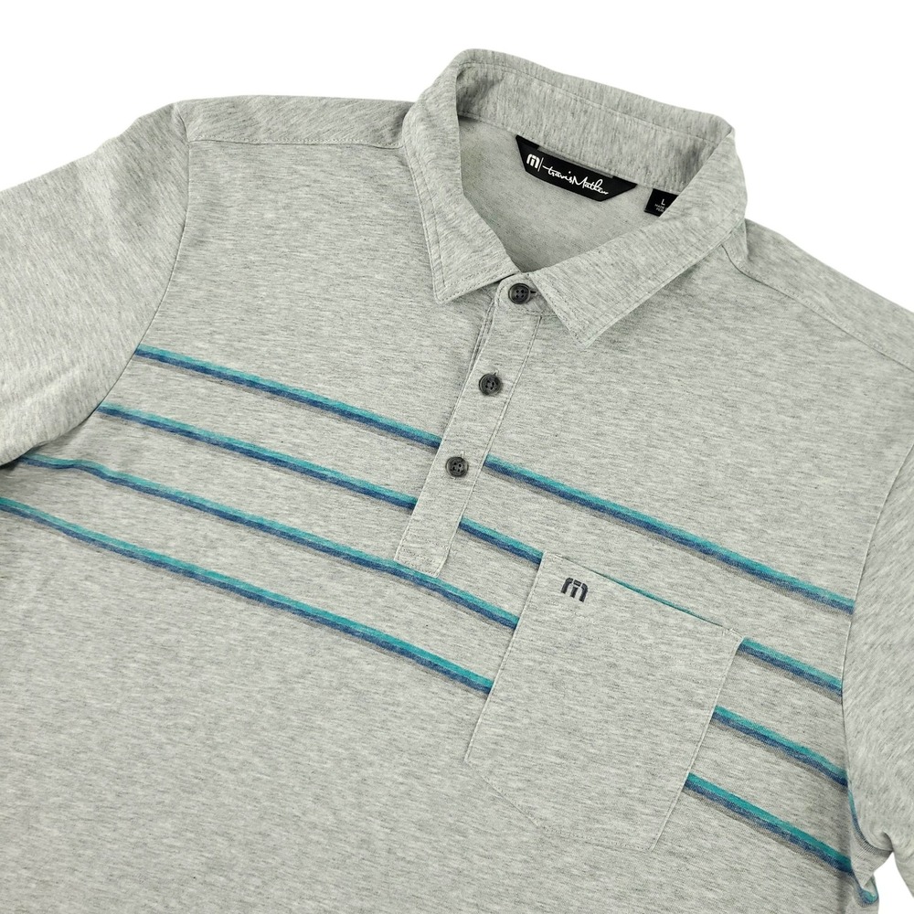 TravisMathew Polo Shirt Mens L Gray Stripe Golf Performance Pocket Casual Top